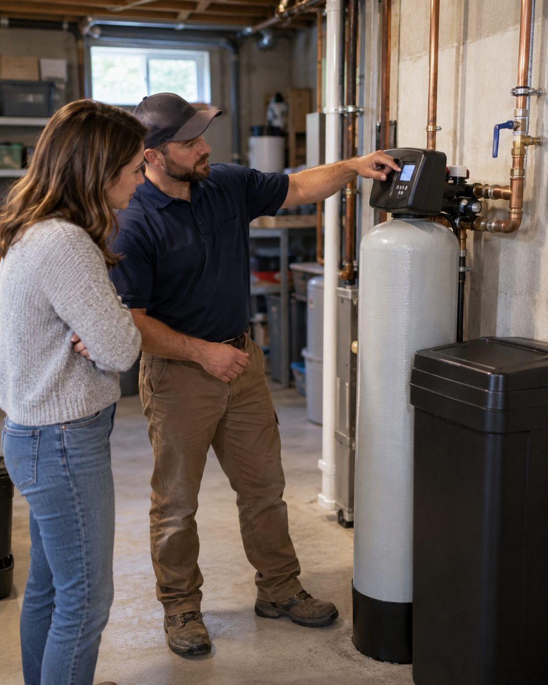 Water treatment specialist walking a homeowner through her new softener