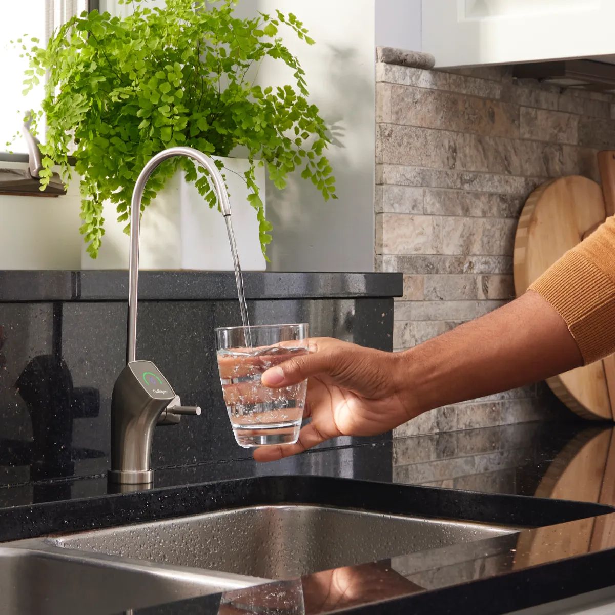 Clean filtered water from a kitchen faucet
